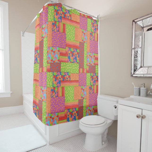 Colourful Faux Patchwork of Summer Fruits Patterns Shower Curtain (In Situ)