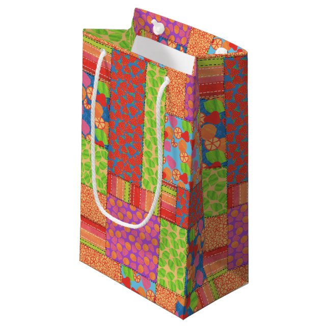 Colourful Faux Patchwork of Summer Fruits Patterns Small Gift Bag (Front Angled)