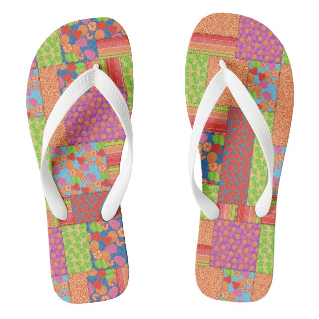 Colourful Faux Patchwork of Summer Fruits Patterns Thongs (Footbed)