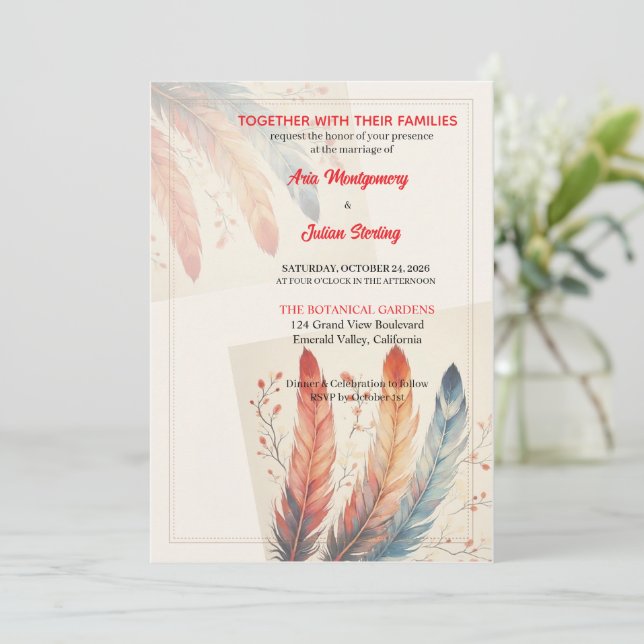 Colourful Feather and Autumn Branches Invitation (Standing Front)
