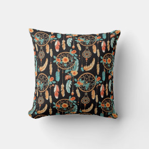 Colourful feather dreamcatcher floral black teal  cushion