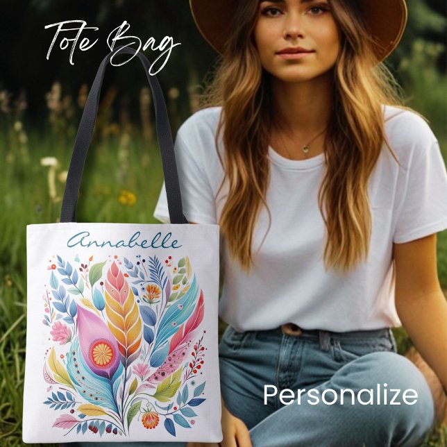 Colourful Feather Floral Tote Bag, Boho Style, Bag (Creator Uploaded)