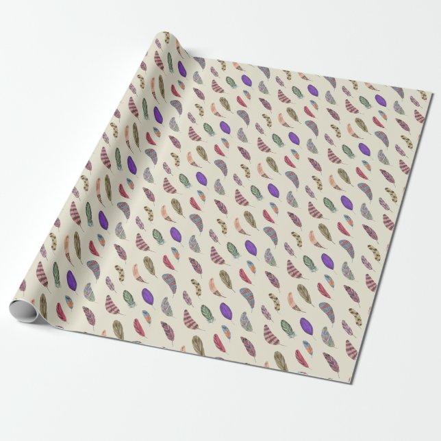 Colourful Feather Pattern - Cute Trendy Modern Wrapping Paper (Unrolled)