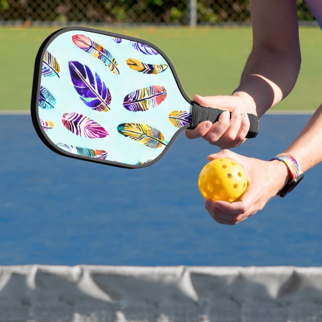 Colourful Feather Pattern Pickleball Paddle (Insitu)