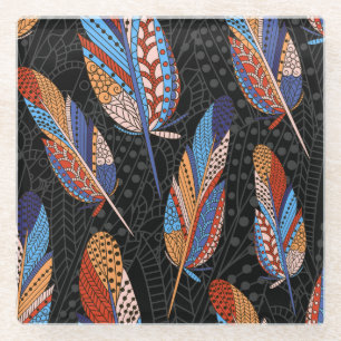 Colourful Feather Pattern Seamless Background. Glass Coaster