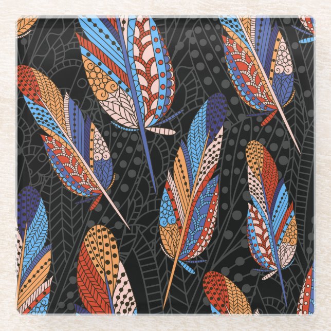 Colourful Feather Pattern Seamless Background. Glass Coaster (Front)