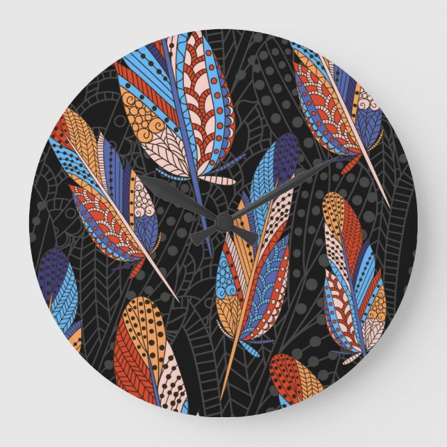 Colourful Feather Pattern Seamless Background. Large Clock (Front)