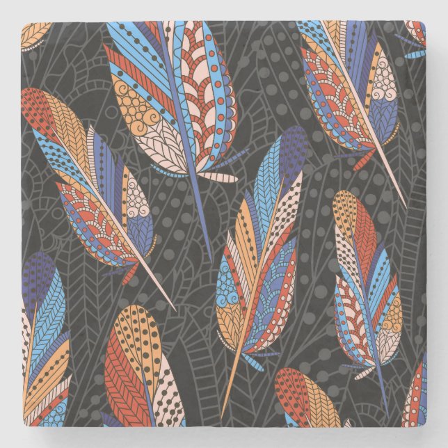 Colourful Feather Pattern Seamless Background. Stone Coaster (Front)