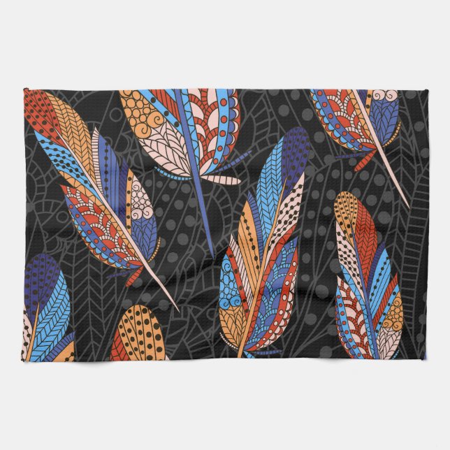 Colourful Feather Pattern Seamless Background. Tea Towel (Horizontal)