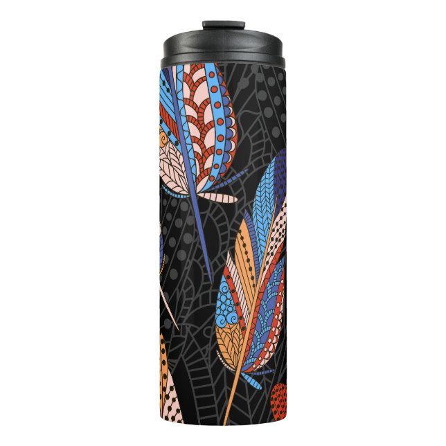 Colourful Feather Pattern Seamless Background. Thermal Tumbler (Front)