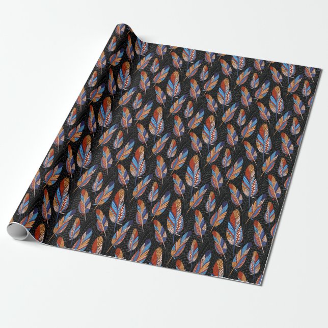 Colourful Feather Pattern Seamless Background. Wrapping Paper (Unrolled)