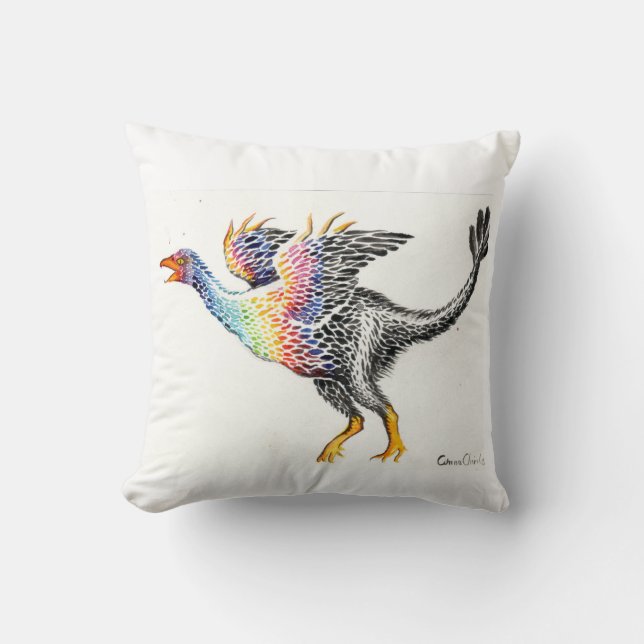 Colourful feathered dinosaur cushion (Front)