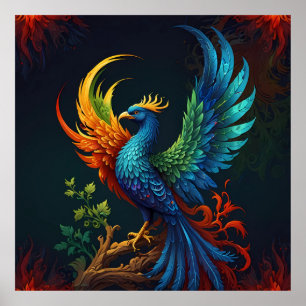 Colourful Feathered Phoenix Bird Pattern  Poster