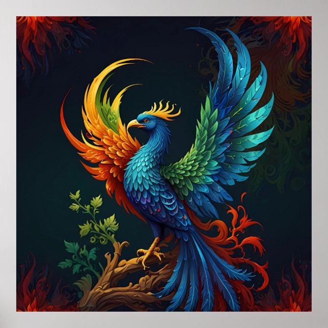 Colourful Feathered Phoenix Bird Pattern  Poster (Front)