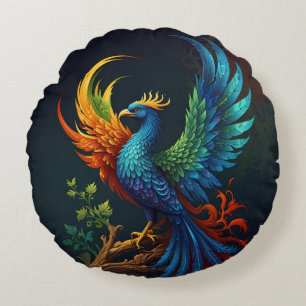 Colourful Feathered Phoenix Bird Pattern  Round Cushion