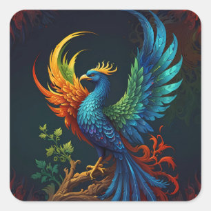 Colourful Feathered Phoenix Bird Pattern  Square Sticker