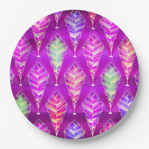 Colourful Feathers Abstract Pattern In Purple Pink Paper Plate