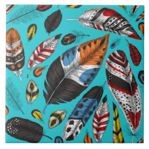 Colourful feathers ceramic tile