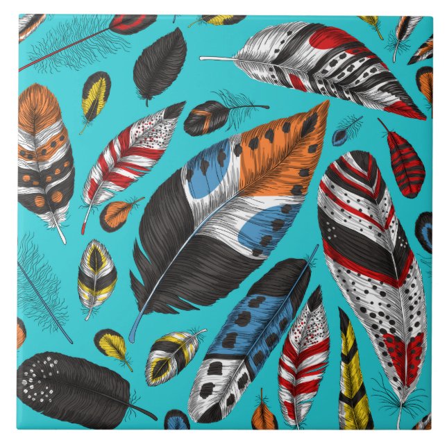 Colourful feathers ceramic tile (Front)