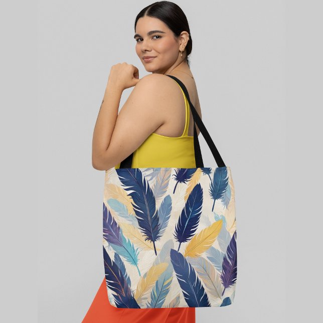 Colourful feathers in shades of blue yellow patter tote bag (Creator Uploaded)