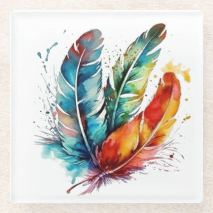 Colourful feathers Native American water colour Glass Coaster
