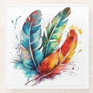 Colourful feathers Native American water colour Glass Coaster