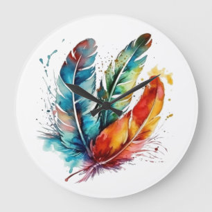 Colourful feathers Native American water colour Large Clock