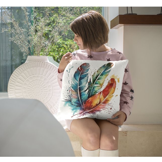 Colourful feathers Native American watercolor  Cushion (Creator Uploaded)