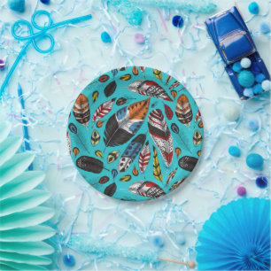 Colourful feathers paper plate