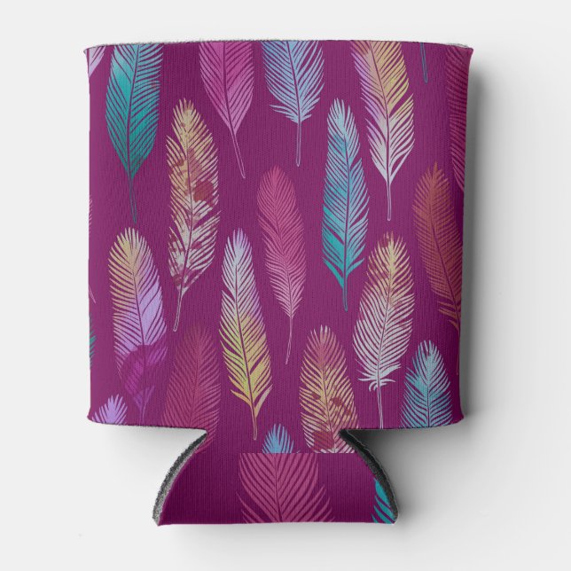 Colourful feathers: purple background pattern. can cooler (Front)