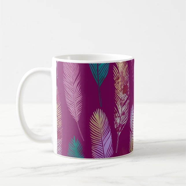 Colourful feathers: purple background pattern. coffee mug (Left)