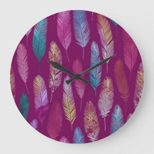 Colourful feathers: purple background pattern. large clock