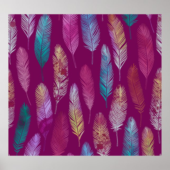 Colourful feathers: purple background pattern. poster (Front)