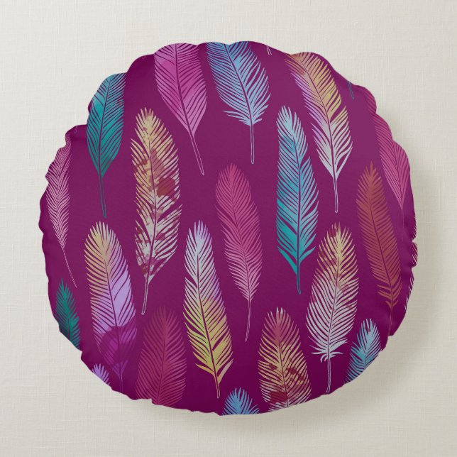 Colourful feathers: purple background pattern. round cushion (Front)