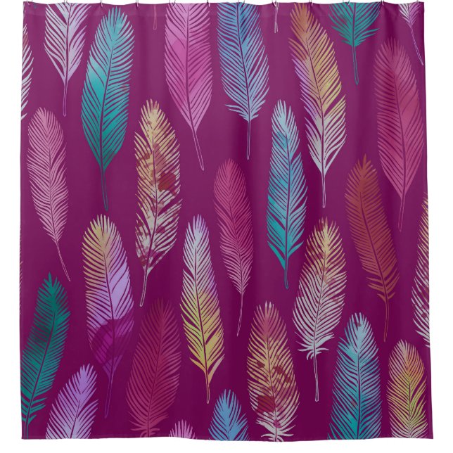 Colourful feathers: purple background pattern. shower curtain (Front)