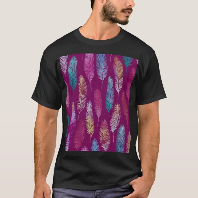 Colourful feathers: purple background pattern. T-Shirt (Front)