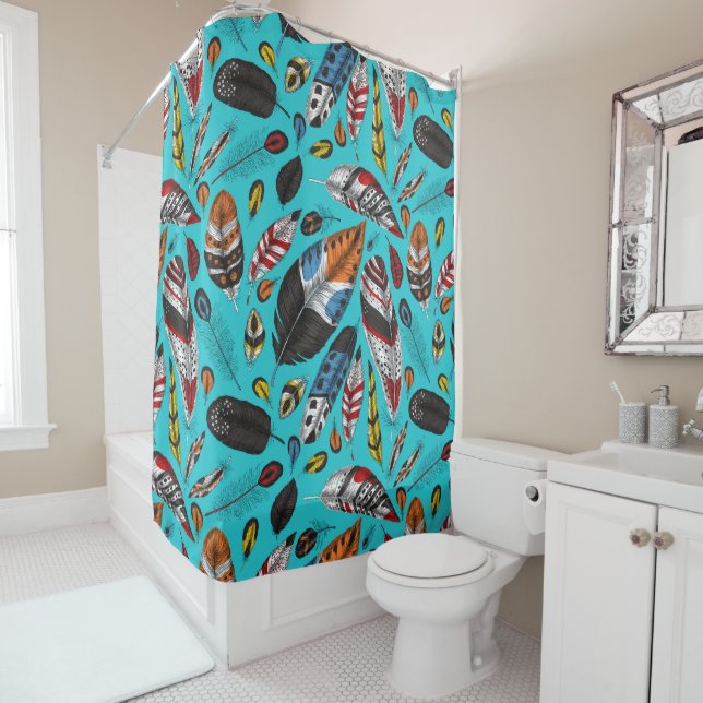 Colourful feathers shower curtain (In Situ)