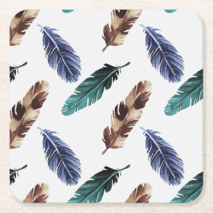 Colourful Feathers Tribal Texture Square Paper Coaster