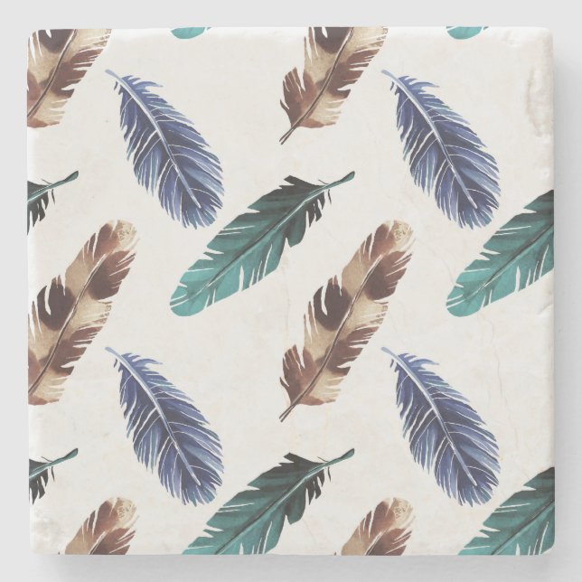 Colourful Feathers Tribal Texture Stone Coaster (Front)