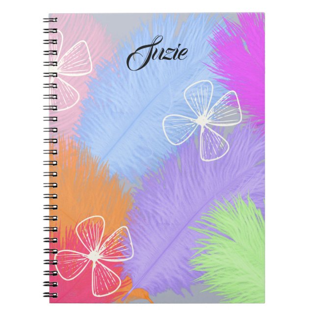 Colourful Feathers with Name, Notebook (Front)