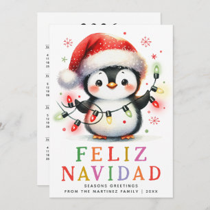 Colourful Feliz Navidad Penguin Spanish Christmas Holiday Card