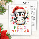 Colourful Feliz Navidad Penguin Spanish Christmas Holiday Card<br><div class="desc">Create funny personalised non-photo Christmas cards with the Spanish Feliz Navidad Saying and a cute penguin holding lights and wearing a red Santa hat illustration. On the backside, there is a full year at a glance Sunday through Saturday 2025 calendar (in English). Use the template to customise with your greetings,...</div>