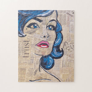 Colourful Female Portrait Blue Pop Art Woman Jigsaw Puzzle