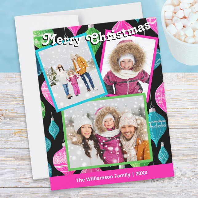 Colourful Festive 3 Photo Collage Holiday Card (A bright holiday card, personalized with 3 photos, name and year, with Merry Christmas greeting)