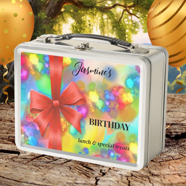 Colourful Festive Birthday Metal Lunch Box (Lunch Box featuring a festive and colorful design with light sparkles and red ribbon. Birthday treat)