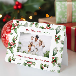 Colourful Festive Christmas Holly One-Photo Holiday Card