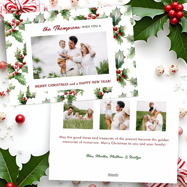 Colourful Festive Christmas Holly One-Photo Holiday Card (Creator Uploaded)