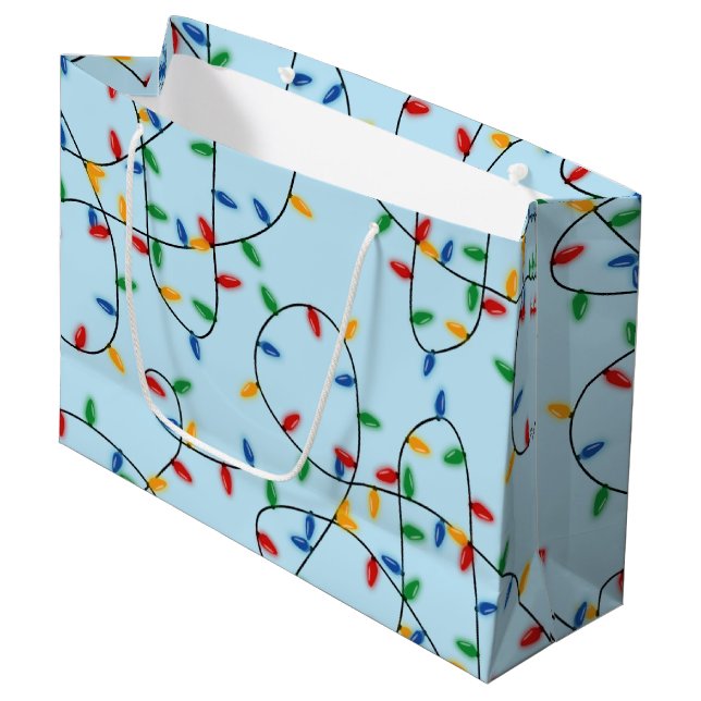 Colourful Festive Christmas Lights Pattern Blue Large Gift Bag (Front Angled)