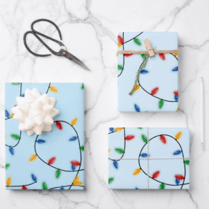 Colourful Festive Christmas Lights Pattern Blue Wrapping Paper Sheet
