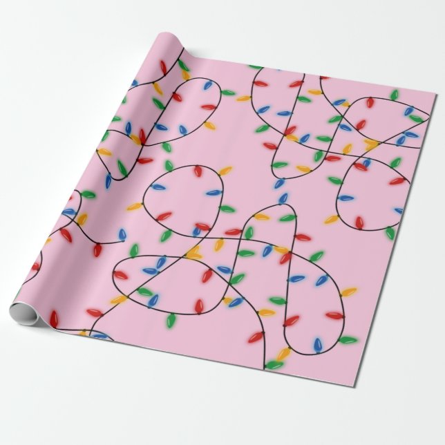 Colourful Festive Christmas Lights Pattern Pink  Wrapping Paper (Unrolled)